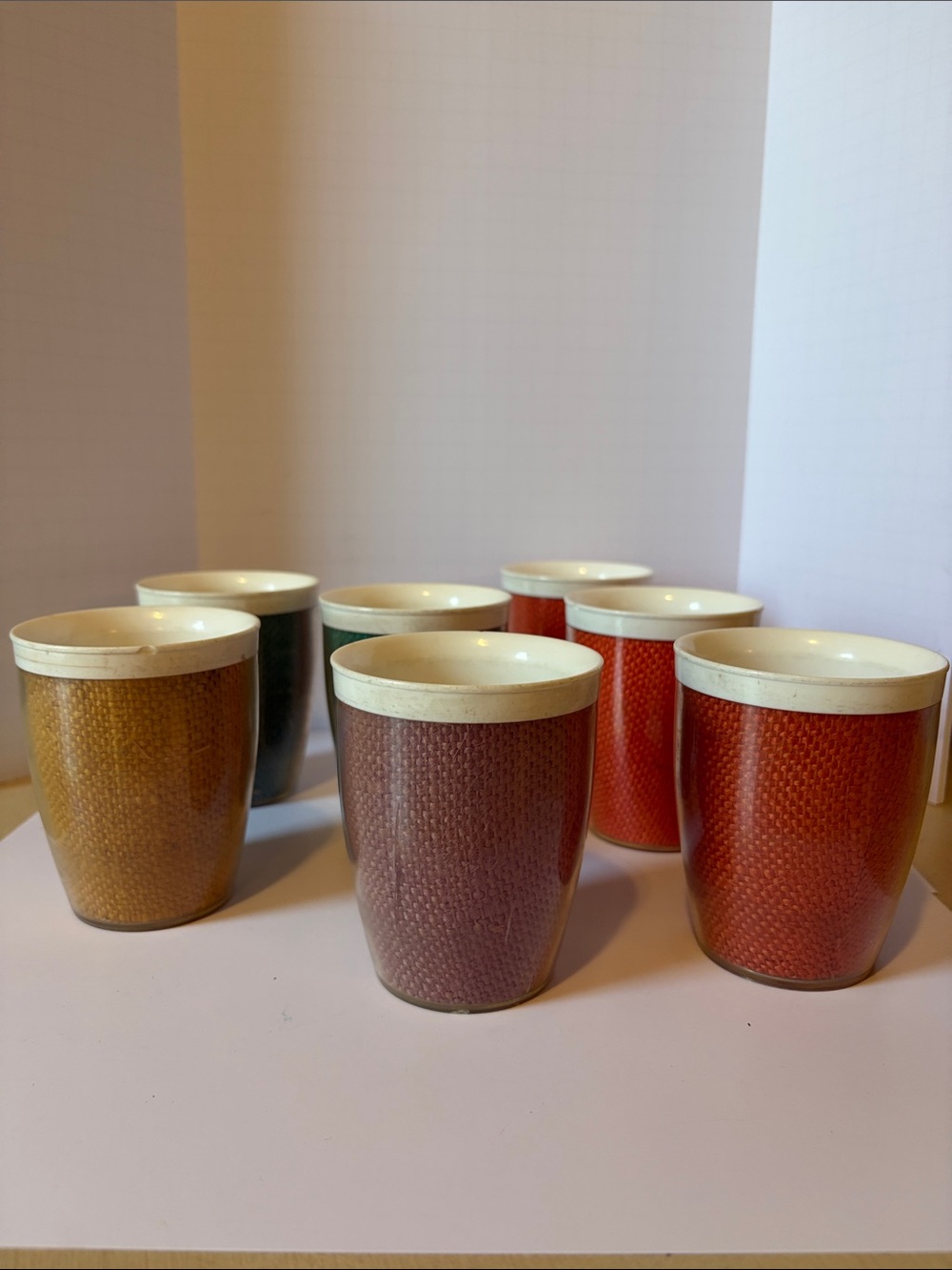 Retro 1950’s Raffiaware Insulated Tumblers 4 Inch Tall Colorful Set Of Seven